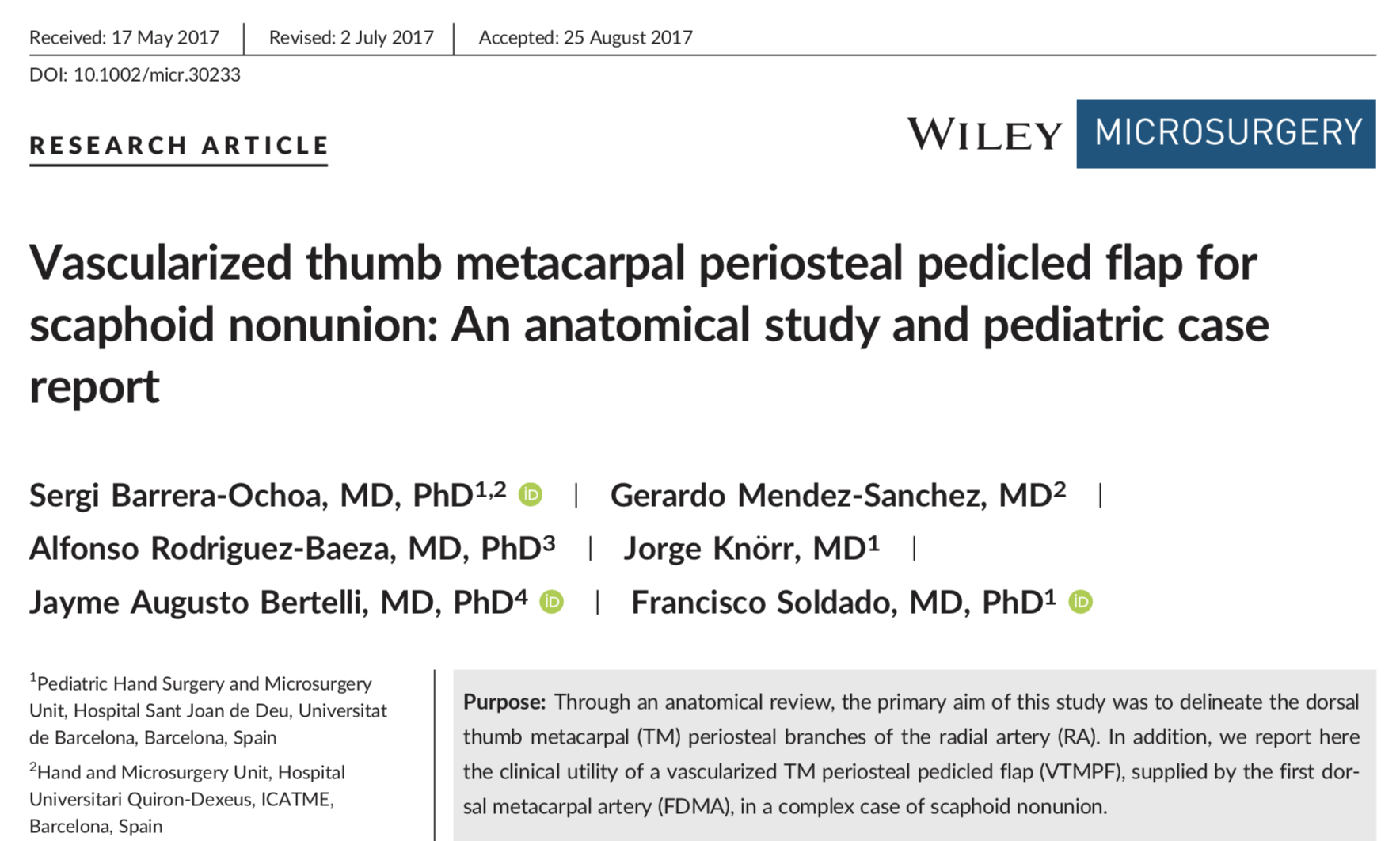 Vascularized thumb metacarpal periosteal pedicled flap for scaphoid nonunion: An anatomical study and pediatric case report