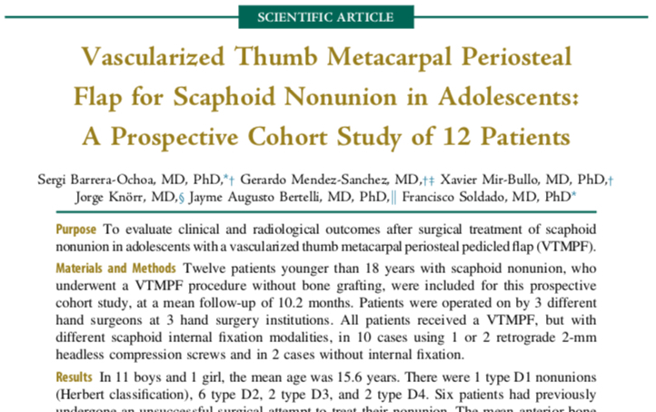 Vascularized Thumb Metacarpal Periosteal Flap for Scaphoid Nonunion in Adolescents: A Prospective Cohort Study of 12 Patients