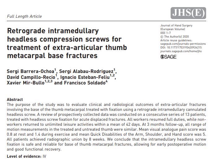 Retrograde intramedullary headless compression screws for treatment of extra-articular thumb metacarpal base fractures icatMA paper hand surgery